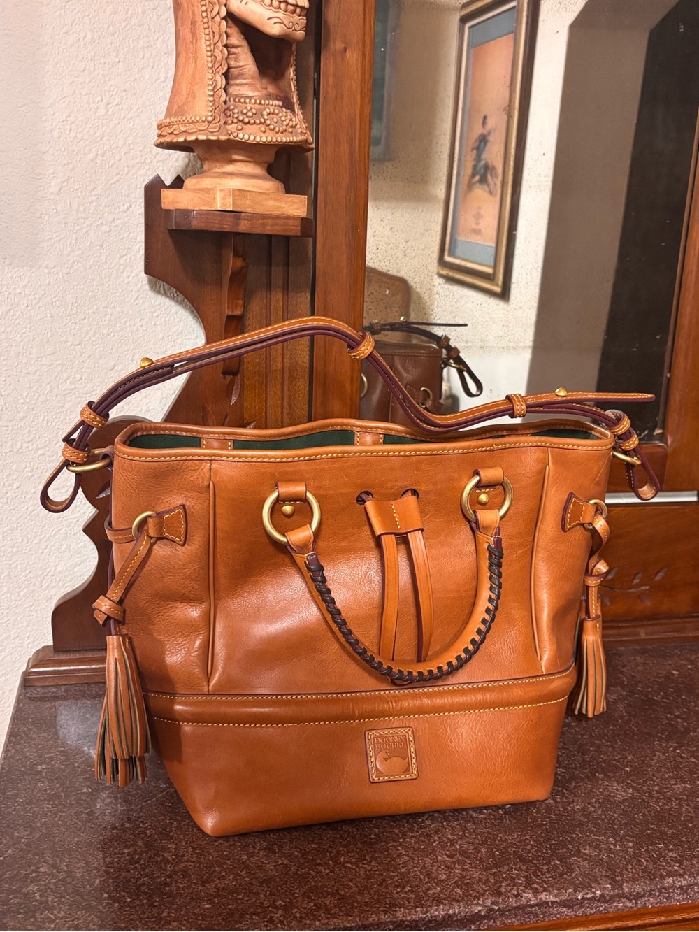 Dooney & Bourke Caramel Brown Leather Shoulder Bag with Tassels